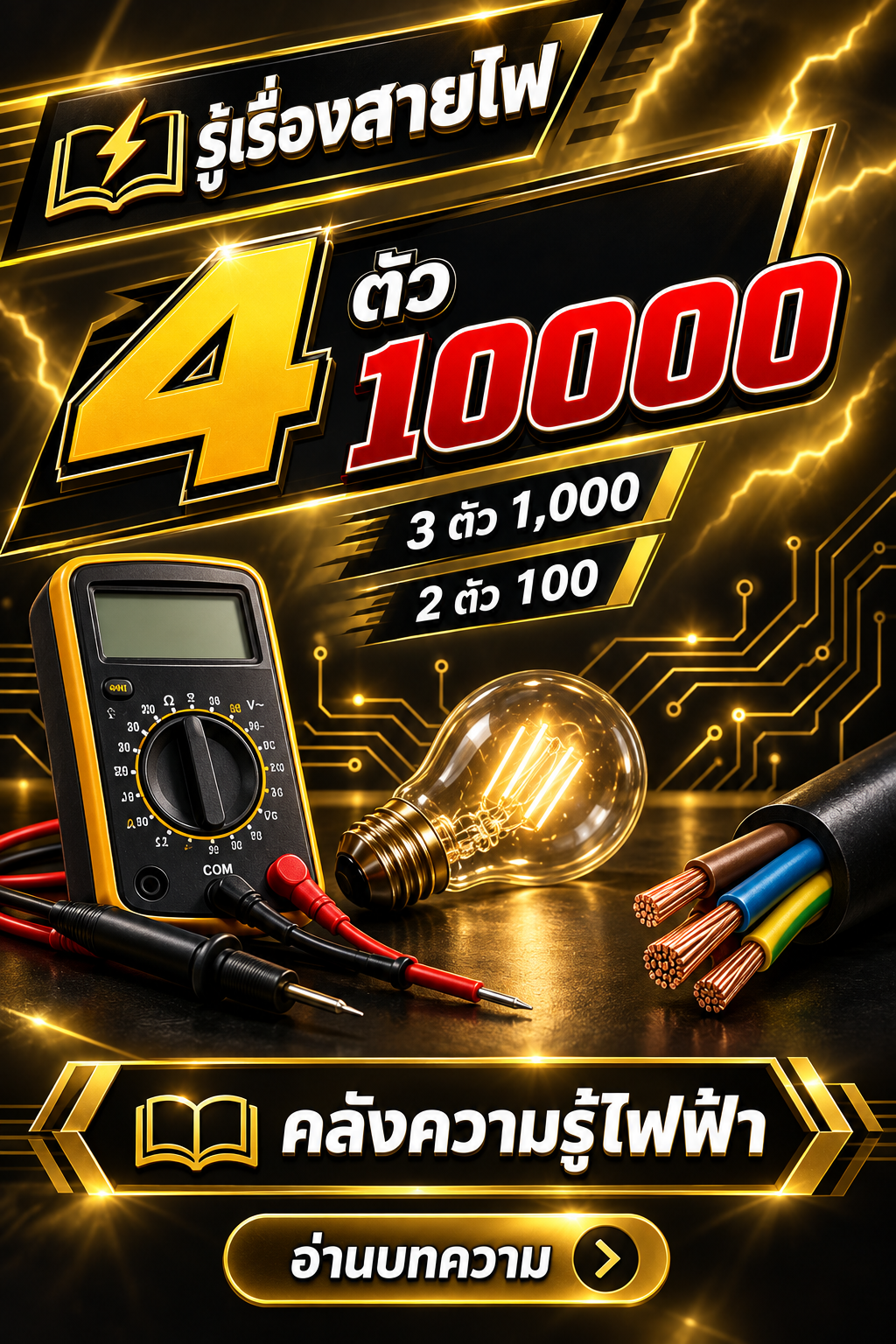 โปสเตอร์รู้เรื่องสายไฟ พร้อมตารางข้อความ 4 ตัว 10000, 3 ตัว 1,000, 2 ตัว 100 และภาพอุปกรณ์ไฟฟ้า